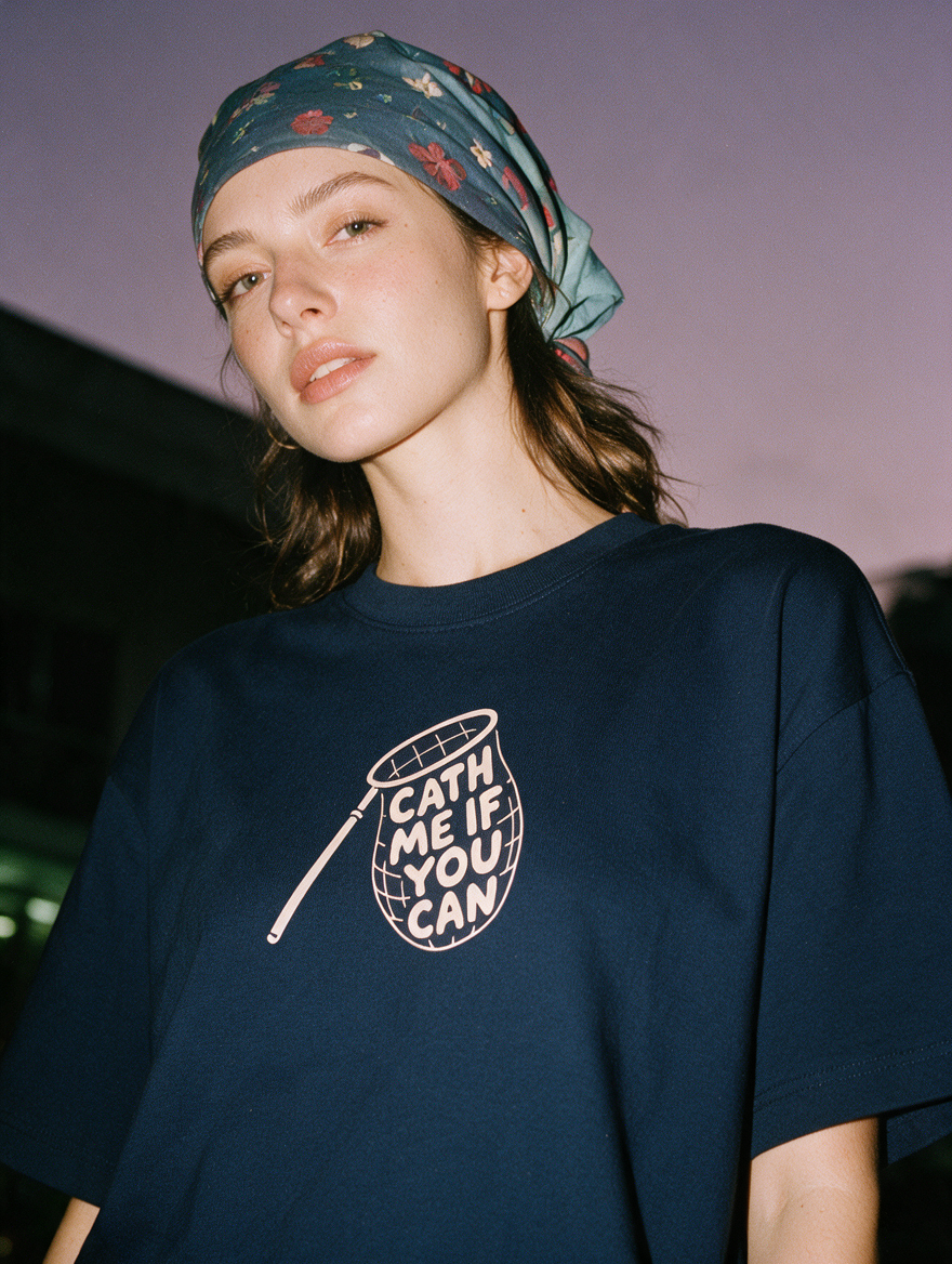 Woman photographed with flash at night, wearing a navy blue cotton T-shirt with a butterfly net design lettered 'CATH ME IF YOU CAN'