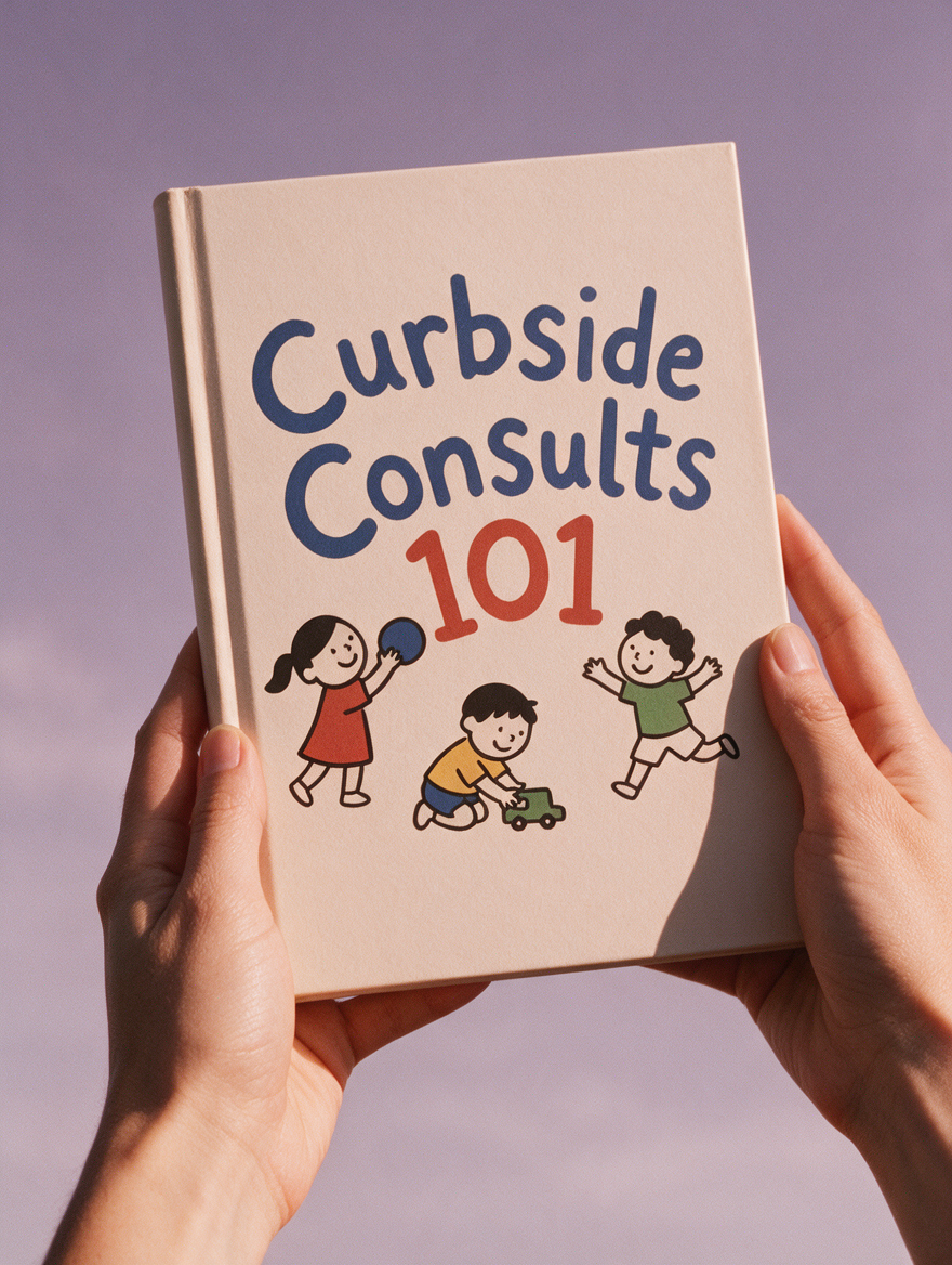 Hands holding a cream hardcover journal, cover reading 'Curbside Consults 101' with three drawn children