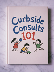 Cream hardcover journal flat on white marble, cover reading 'Curbside Consults 101' with three drawn children
