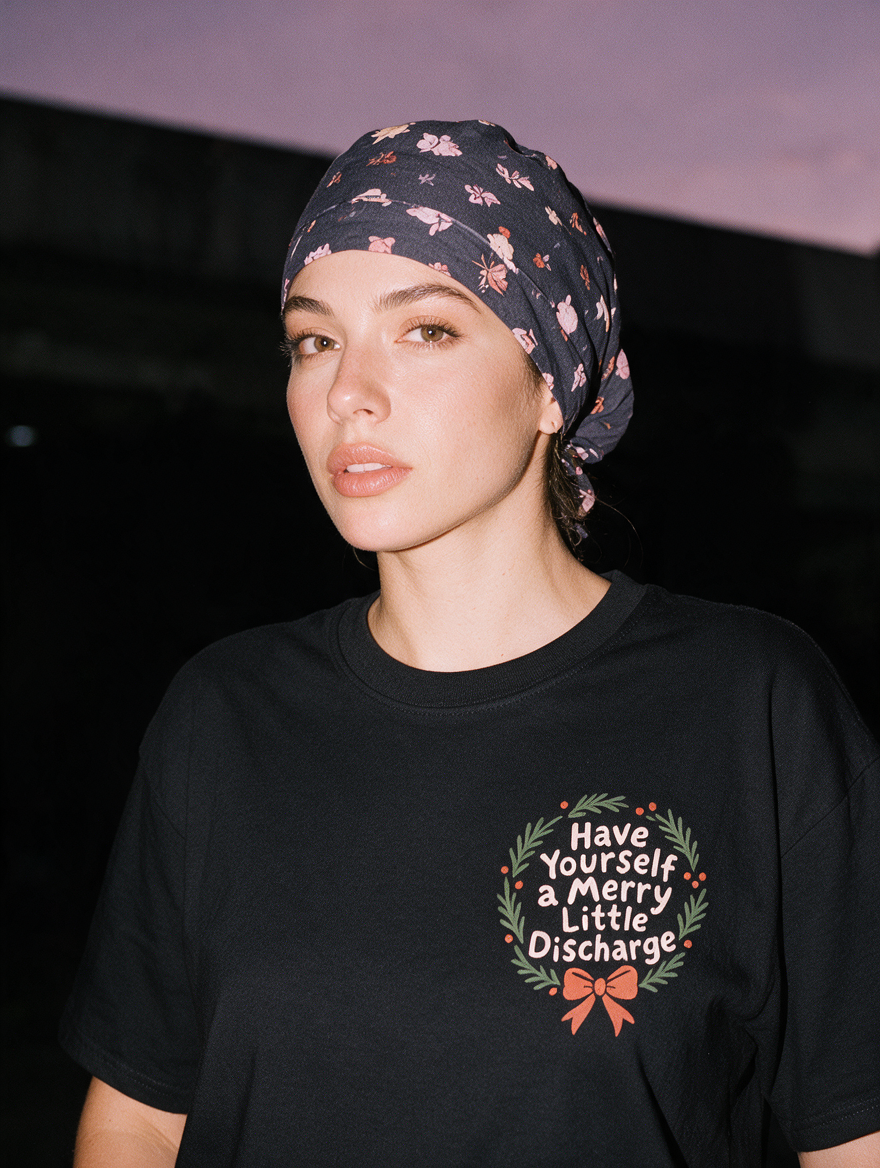 Woman photographed with flash at night, wearing a black cotton T-shirt with a small wreath and the text 'Have Yourself a Merry Little Discharge.'