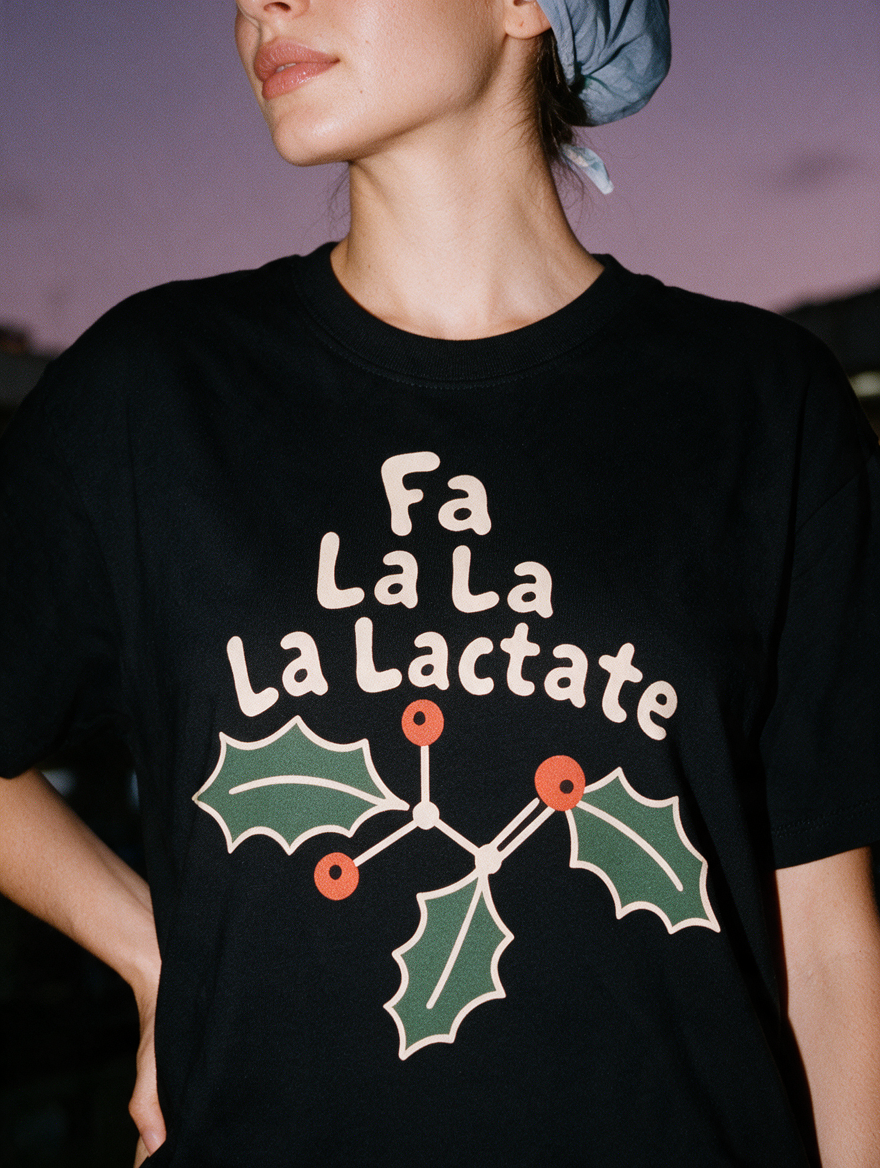 Woman in a scrub cap, photographed with flash at night, wearing a black cotton T-shirt with holly leaves and the text 'Fa La La La Lactate.'