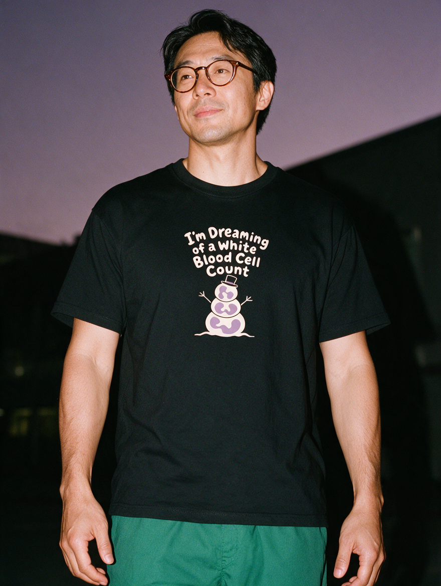 Man in tortoiseshell glasses, photographed with flash at night, wearing a black cotton T-shirt with a snowman and 'I'm Dreaming of a White Blood Cell Count'