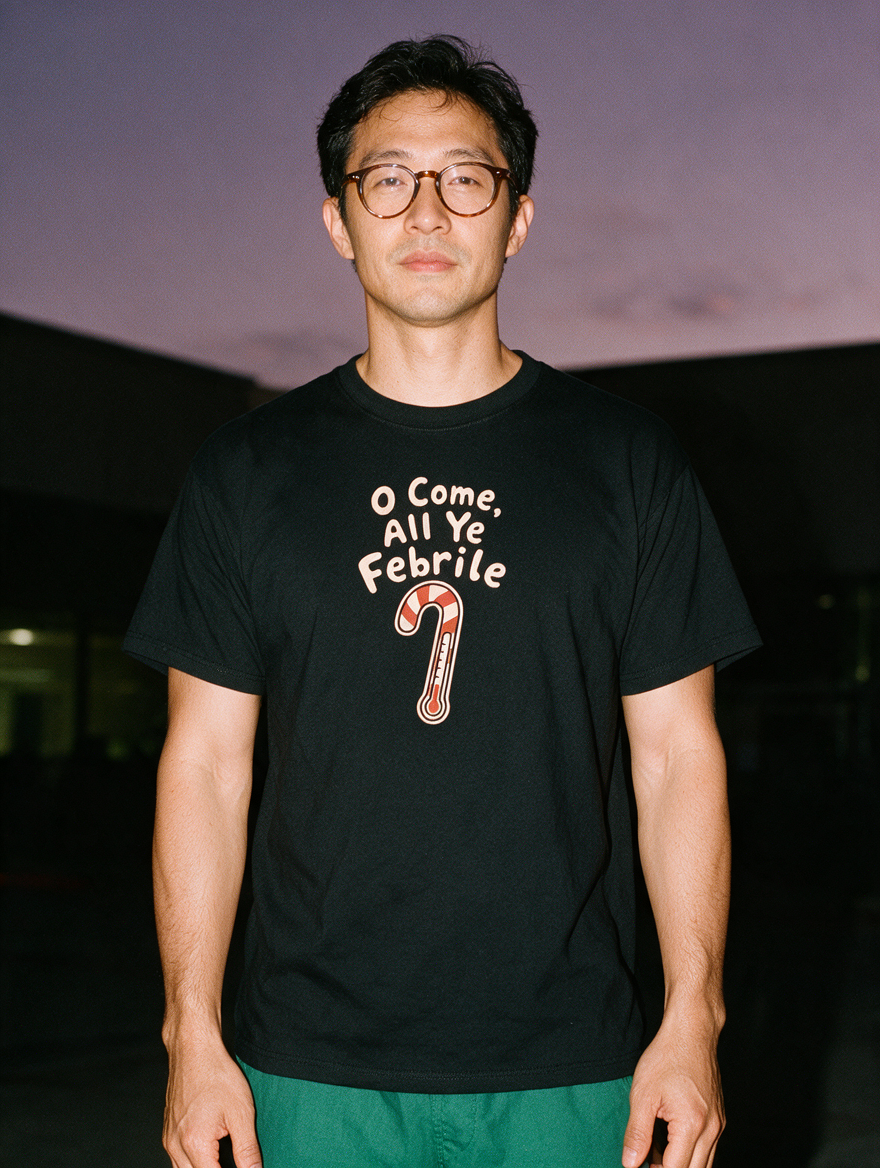 Man in glasses, photographed with flash at night, wearing a black cotton T-shirt printed "O Come, All Ye Febrile" above a candy cane thermometer