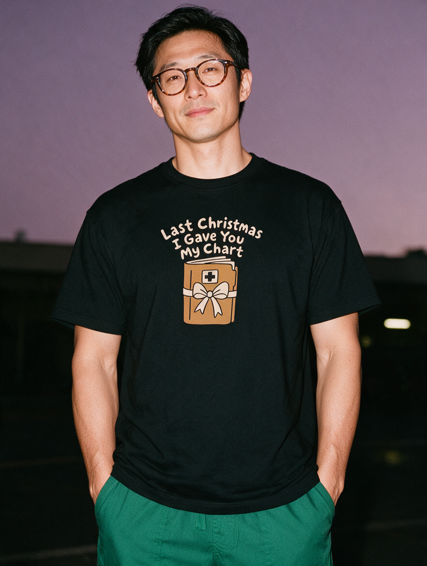 Man in glasses, photographed with flash at night, wearing a black cotton T-shirt printed "Last Christmas I Gave You My Chart" above a wrapped chart
