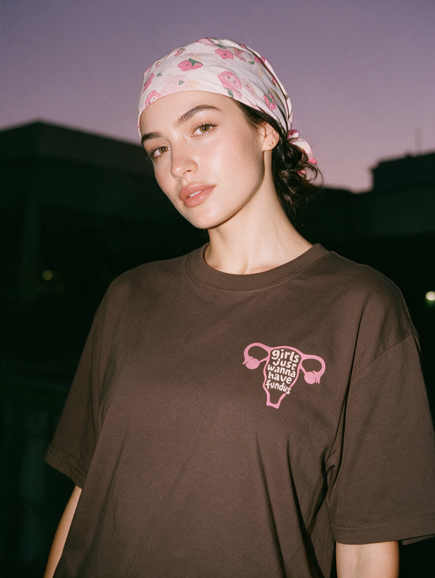 Woman in a scrub cap, photographed with flash at night, wearing a coffee brown cotton T-shirt with a pink uterus and 'girls just wanna have fundus'