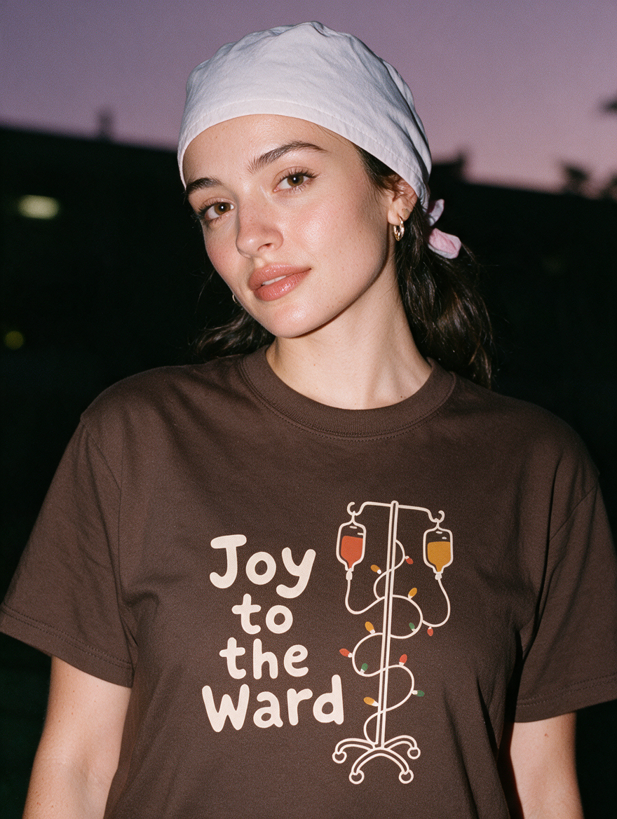 Woman photographed with flash at night wearing a coffee-brown cotton T-shirt with 'Joy to the Ward' beside an IV pole wrapped in holiday lights