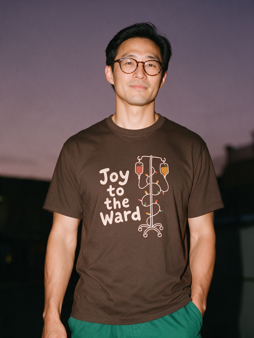 Man in glasses photographed with flash at night wearing a coffee-brown cotton T-shirt with 'Joy to the Ward' beside an IV pole wrapped in holiday lights