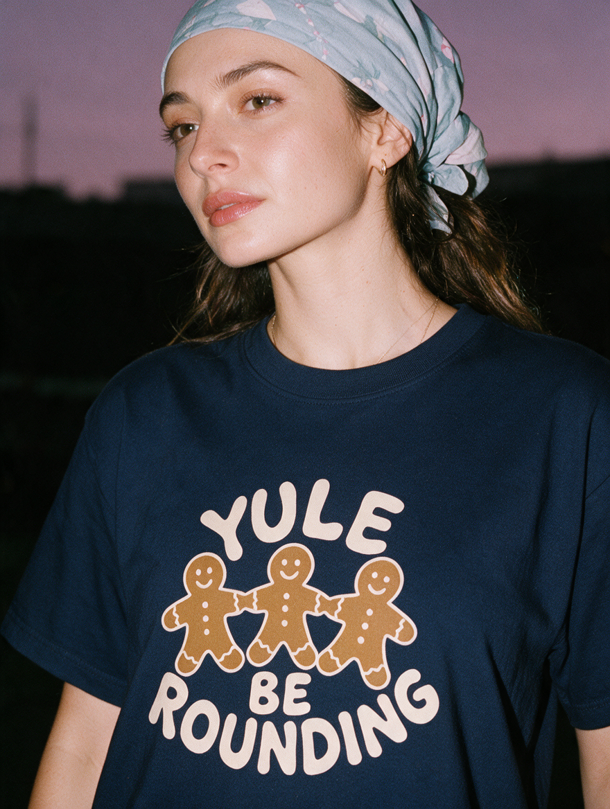 Woman photographed with flash at night, wearing a navy blue cotton T-shirt with three gingerbread men and the words 'Yule Be Rounding'
