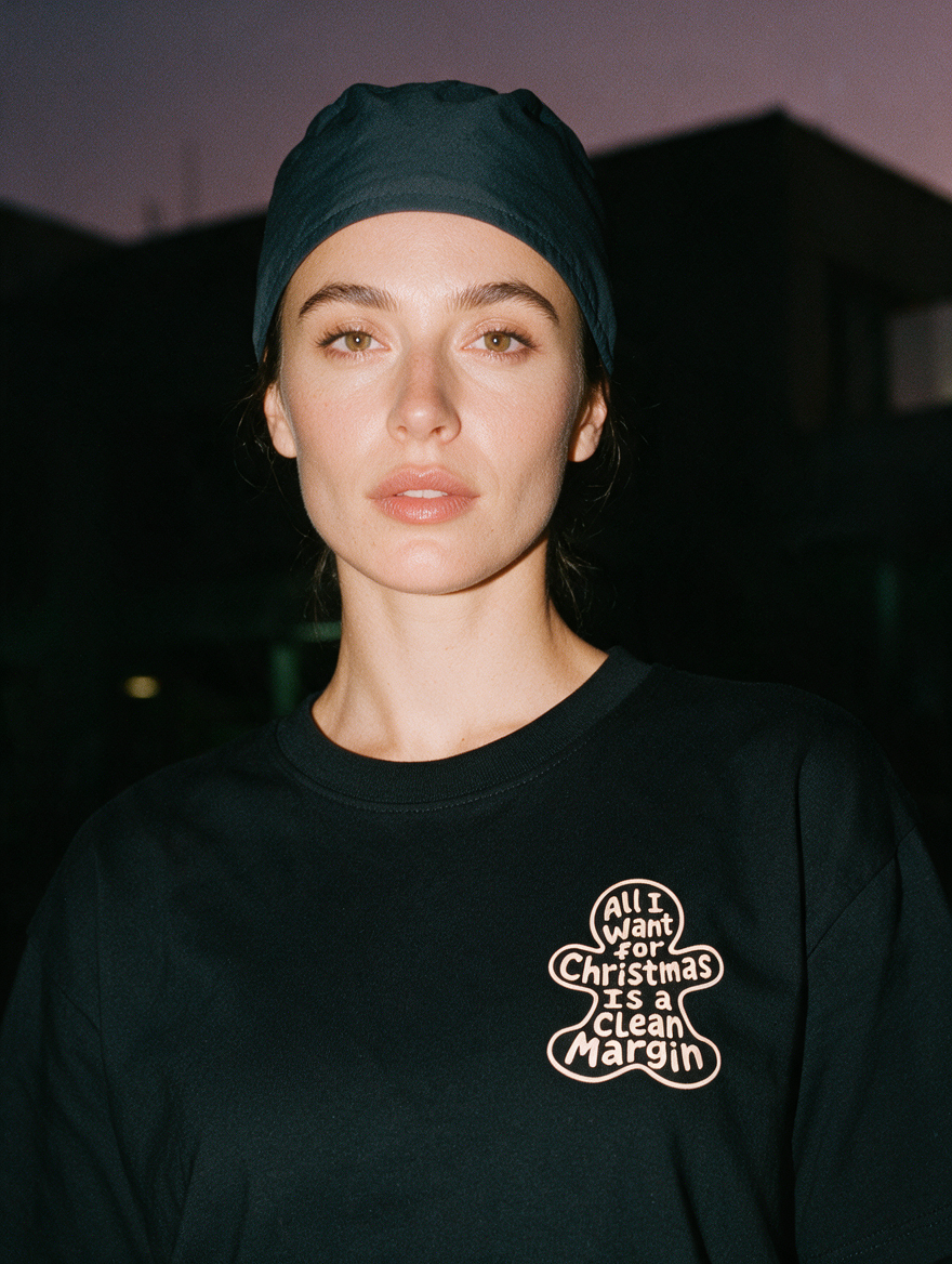 Woman in a scrub cap, photographed with flash at night, wearing a black cotton T-shirt with a small gingerbread print reading 'All I Want for Christmas Is a Clean Margin'