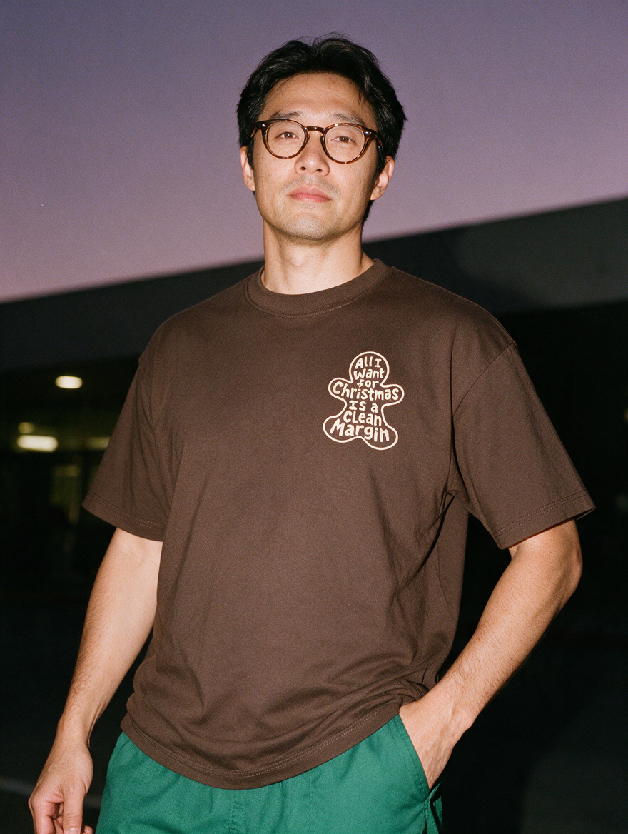 Man in round glasses, photographed with flash at night, wearing a coffee brown cotton T-shirt with a small gingerbread print reading 'All I Want for Christmas Is a Clean Margin'