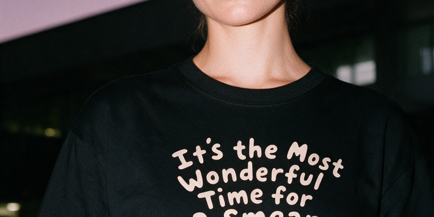 Woman photographed with flash at night wearing a black cotton T-shirt with 'It’s the Most Wonderful Time for a Smear' and a tree-shaped brush
