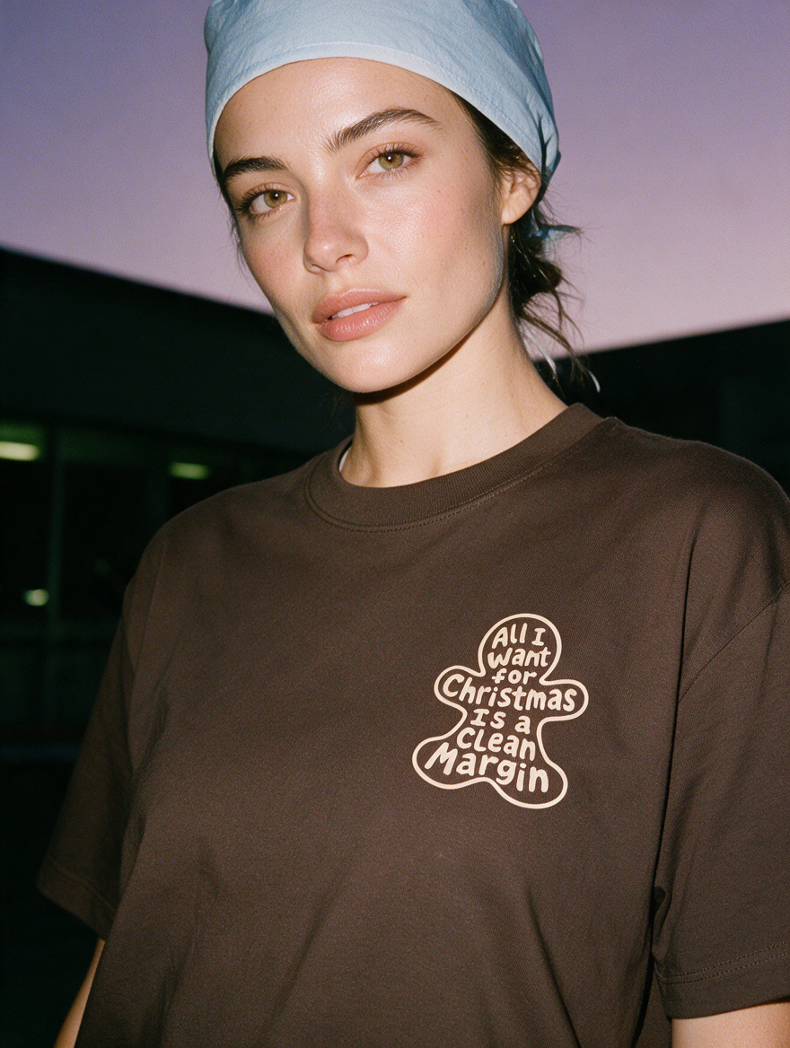 Woman photographed with flash at night, wearing a coffee brown cotton T-shirt with a small gingerbread print reading 'All I Want for Christmas Is a Clean Margin'