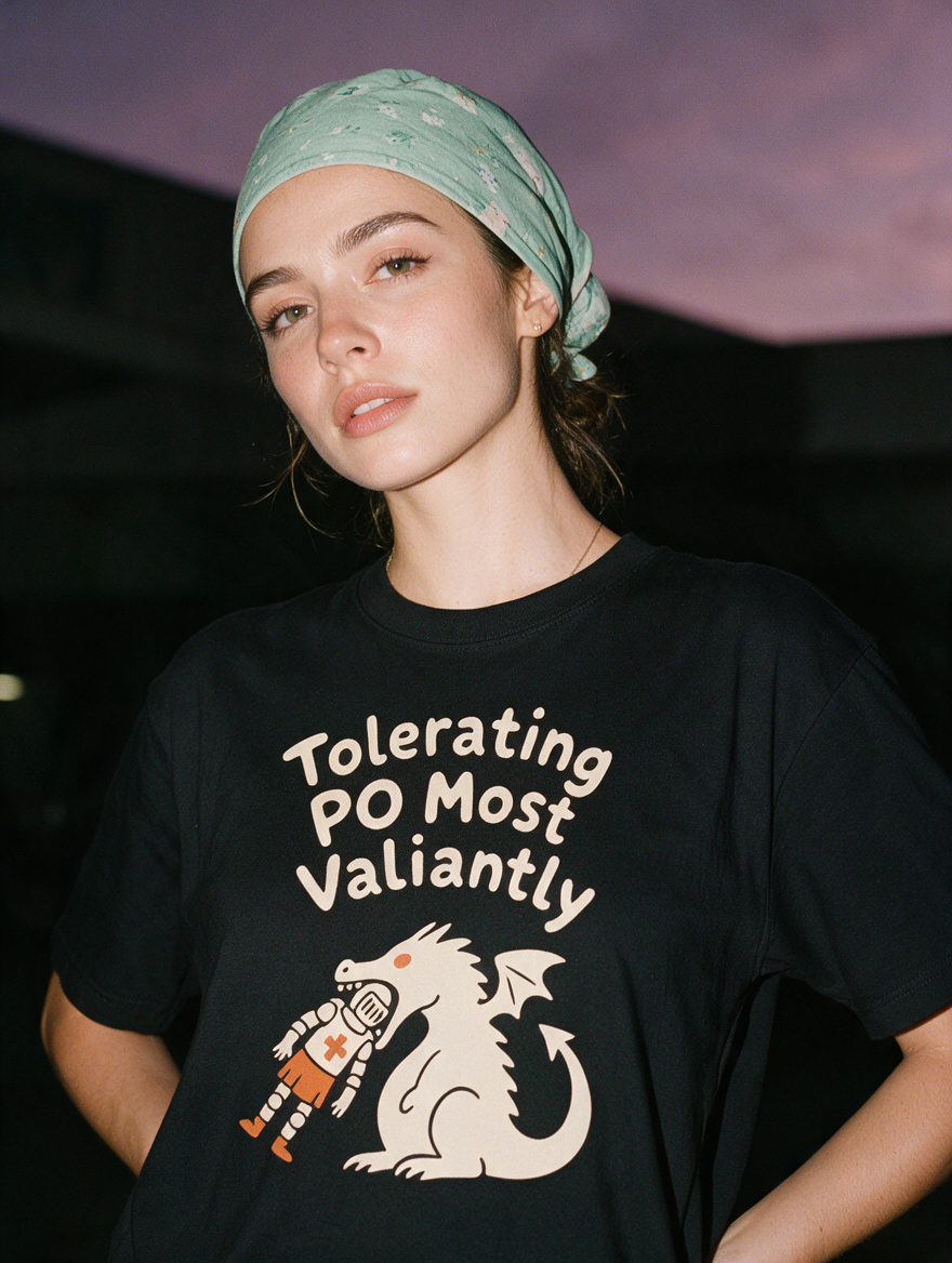 Woman in a green head bandana, photographed with flash at night, wearing a black T-shirt printed 'Tolerating PO Most Valiantly.'