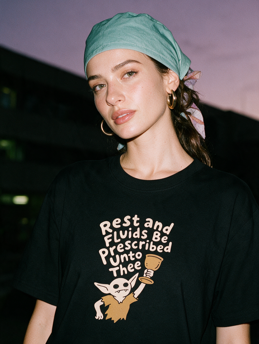 Woman in a green head bandana, photographed with flash at night, wearing a black cotton T-shirt printed 'Rest and Fluids Be Prescribed Unto Thee.'