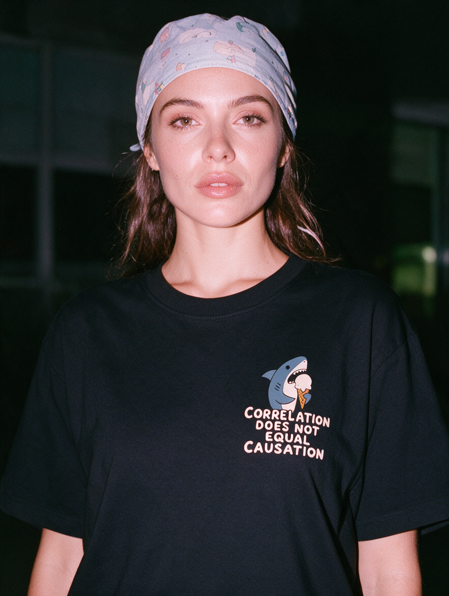 Woman in a head bandana, photographed with flash at night, wearing a black cotton T-shirt with a small chest print reading 'Correlation Does Not Equal Causation'