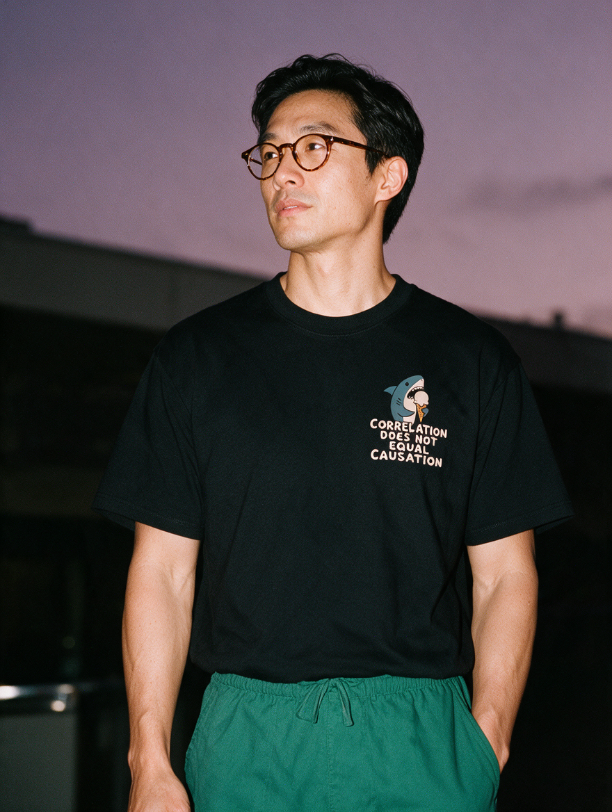Man in round glasses, photographed with flash at night, wearing a black cotton T-shirt with a small chest print reading 'Correlation Does Not Equal Causation'