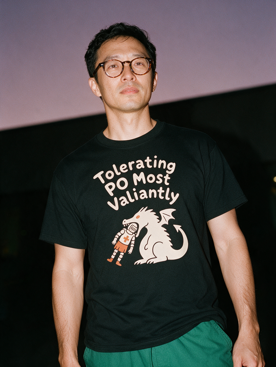 Man in round glasses and green scrub pants, photographed with flash at night, wearing a black T-shirt printed 'Tolerating PO Most Valiantly.'