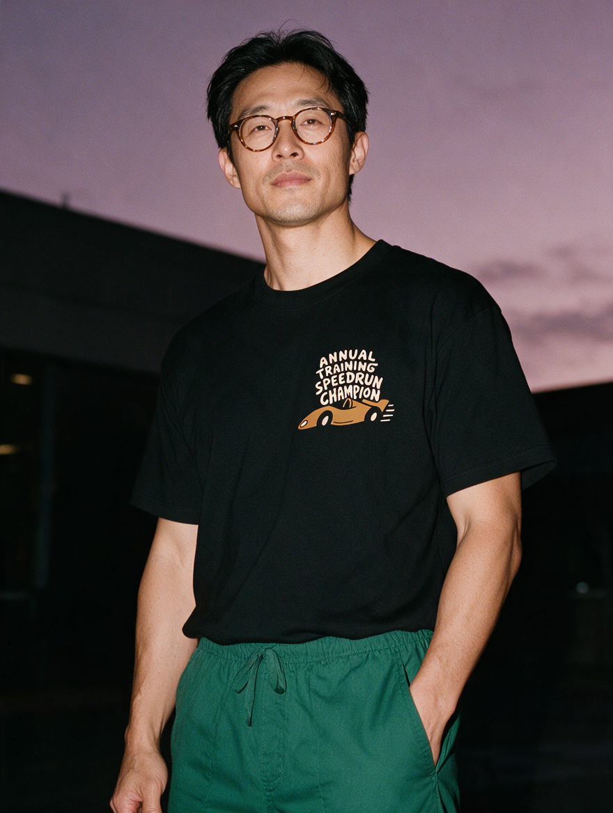 Man in round glasses and green scrub pants, photographed with flash at night, wearing a black cotton T-shirt with 'Annual Training Speedrun Champion' and an orange race car.