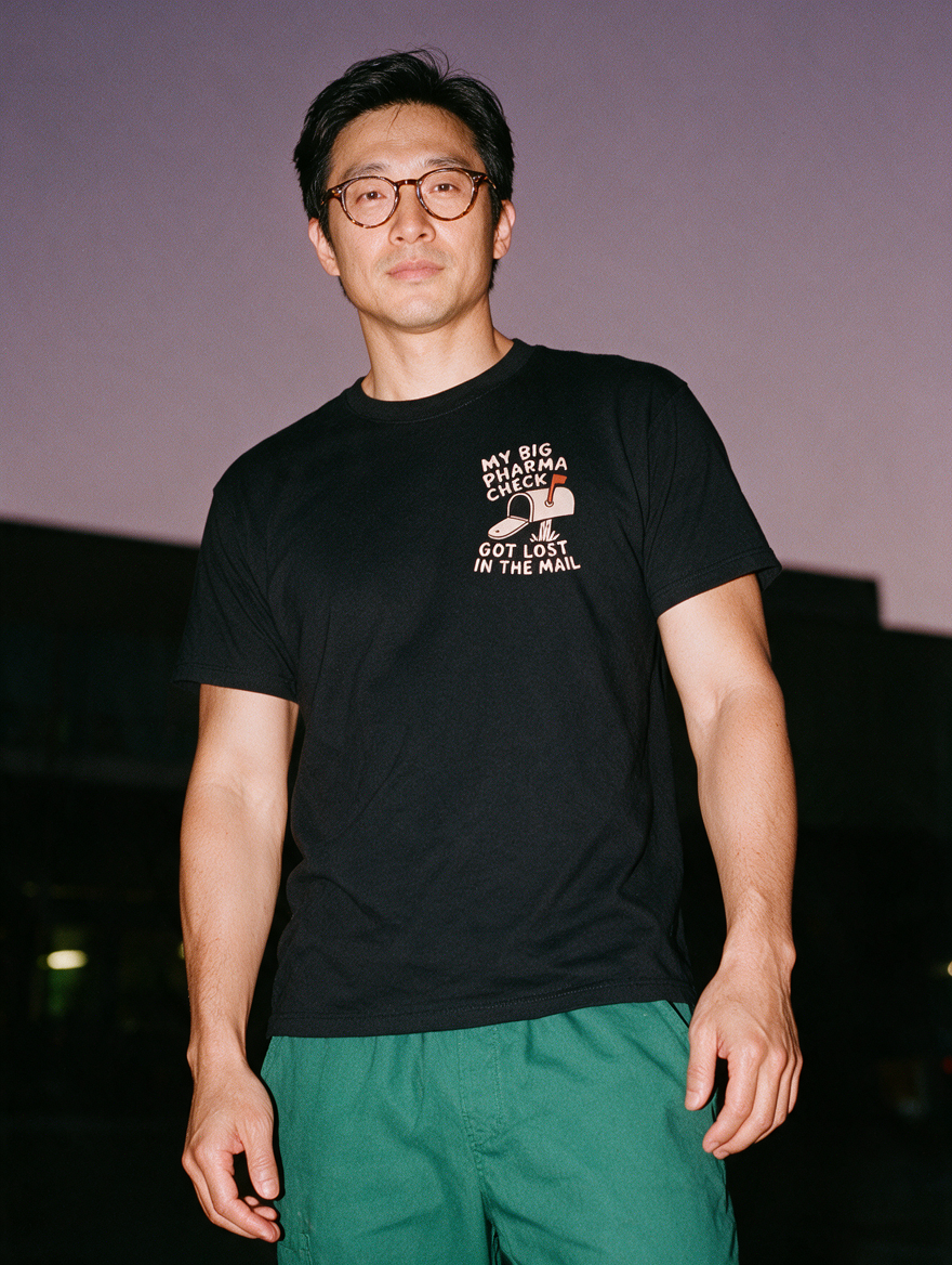 Man in glasses, flash at night, in a black T-shirt with a mailbox and 'My Big Pharma Check Got Lost in the Mail'