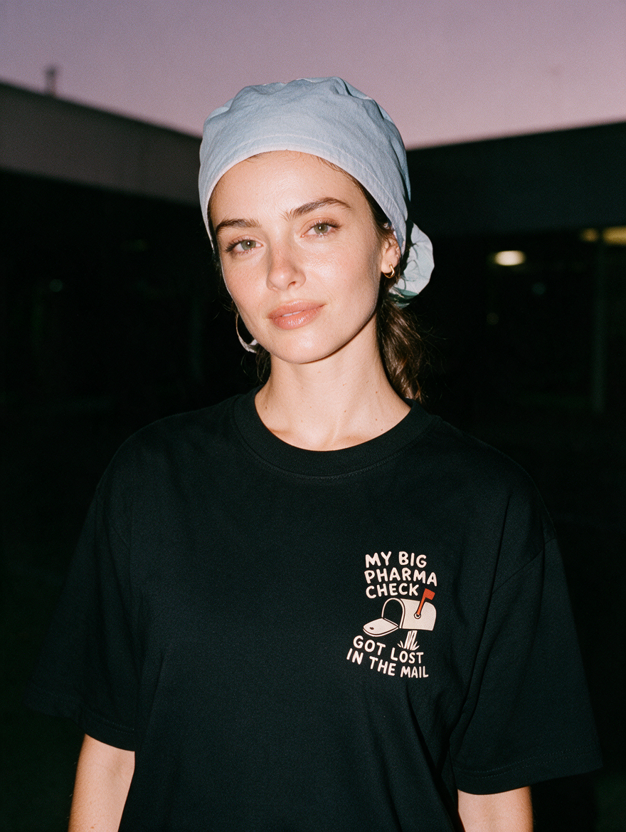 Woman in a scrub cap, flash at night, in a black T-shirt with a mailbox and 'My Big Pharma Check Got Lost in the Mail'