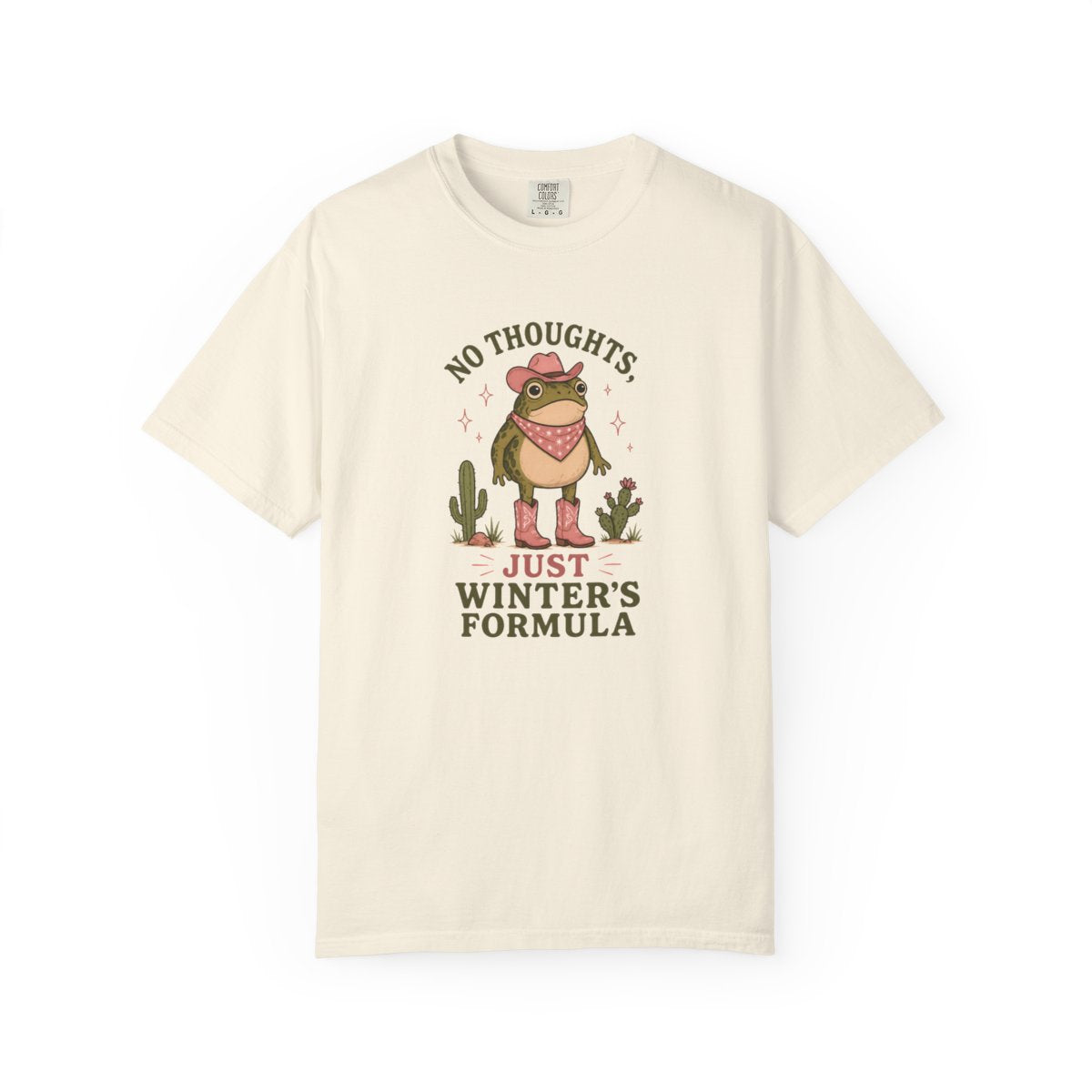 Alternate view of the "No Thoughts, Just Winter's Formula" garment-dyed acid-base t-shirt