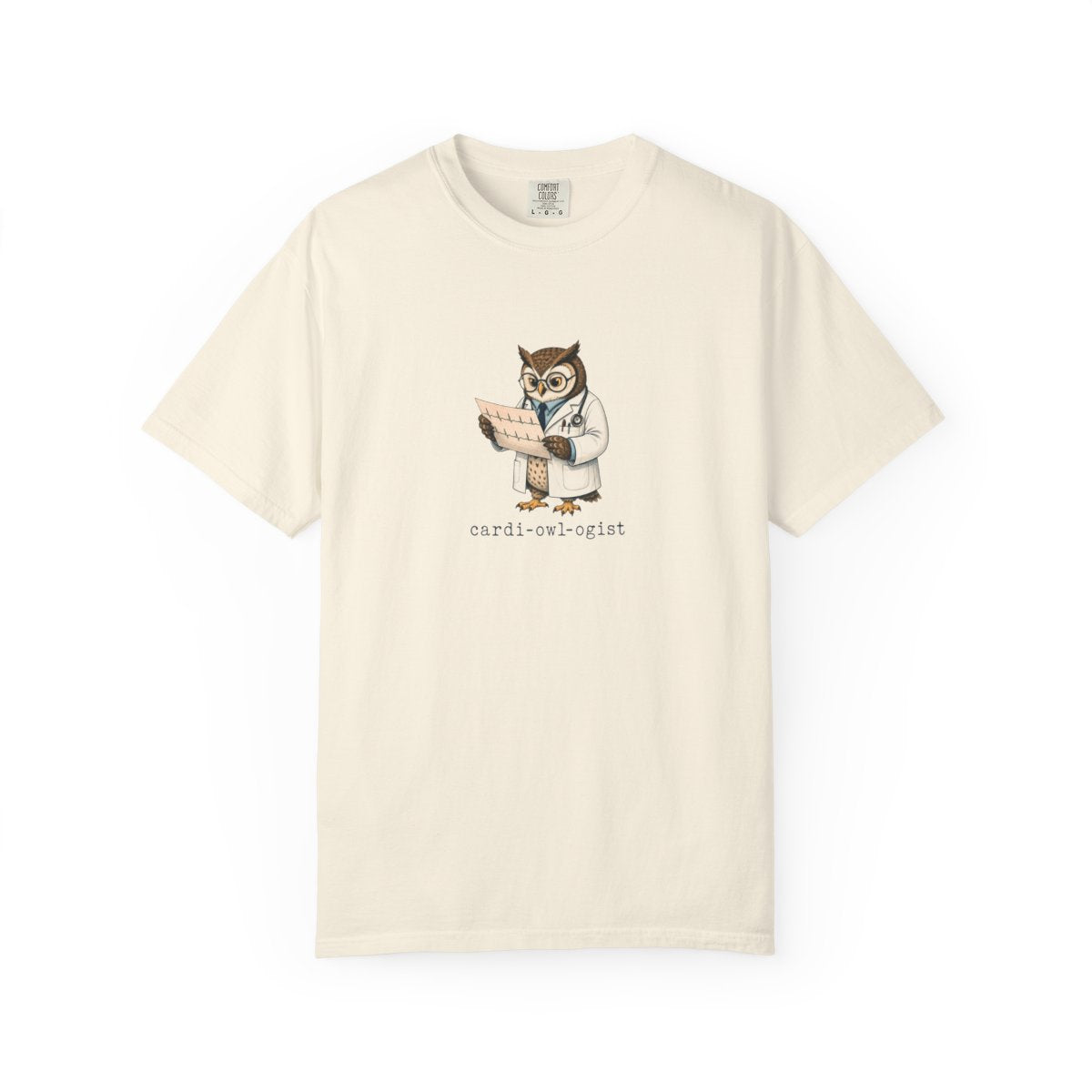 Alternate view of the Cardi-OWL-ogist garment-dyed cardiology t-shirt.